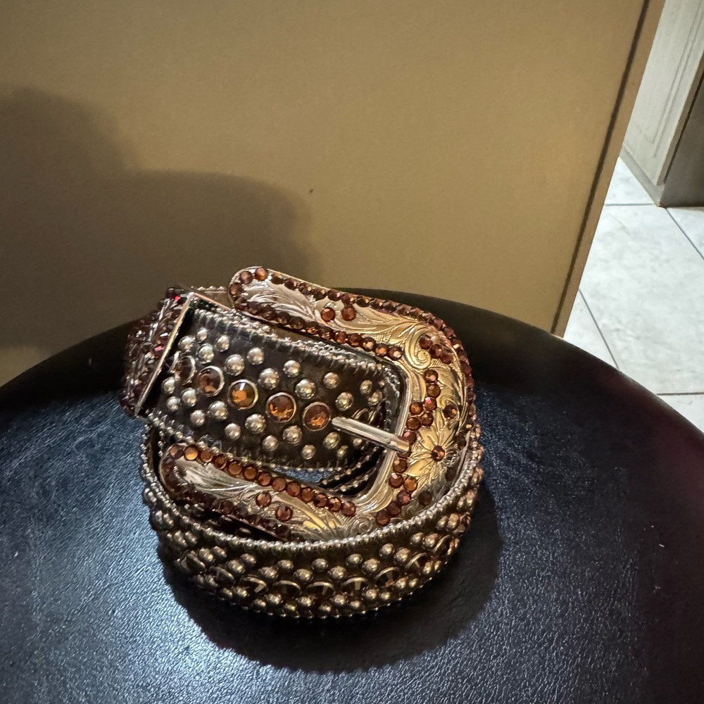 BB Simon Leather Belt Amber Rhinestones